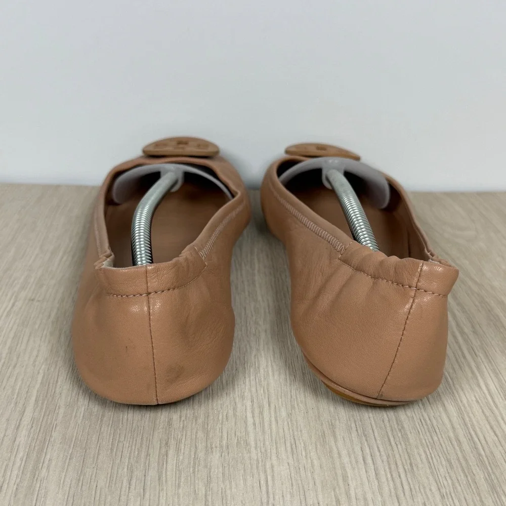 Ballet Flats Tory Burch Womens 9M Tan Minnie Travel Leather Medallion Scrunch
